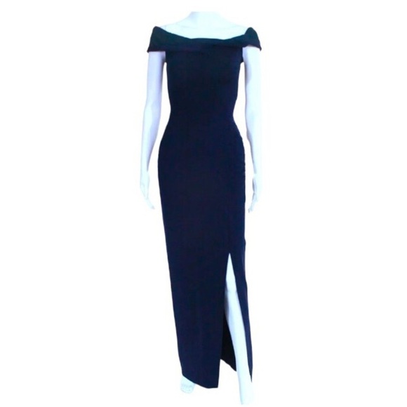 NICHOLAS Knot Twist Front Gown Size 8 Navy Blue Off Shoulder